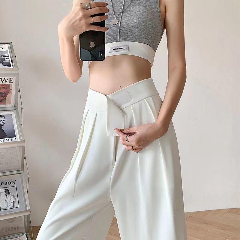 2025 Damen High-Waist Klettverschluss Weitbein-Hose: Frühlings-/Herbst-Casual-Drapierung Bodenlange Hose