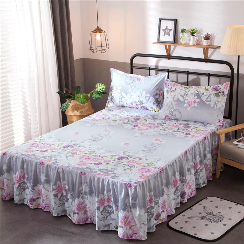 3PCS Bed Skirt Flower Printed Fitted Sheet Cover Home Graceful Bedspread Bed Linens Bedroom Decor Mattress Cover Pillowcase