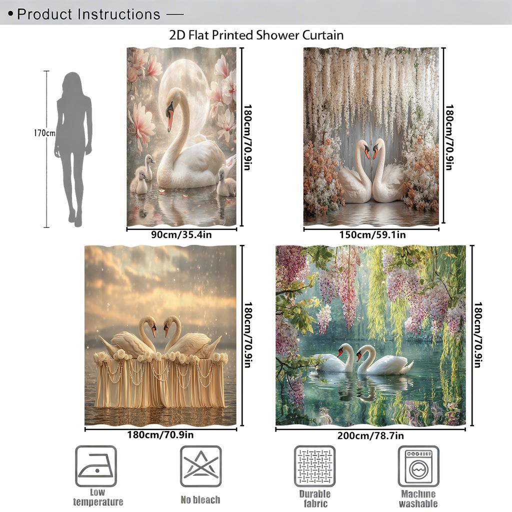 Elegant Swan Pattern Polyester Shower Curtain - Charming Bathroom Decor, Stylish Bathtub Partition For Home Hotel