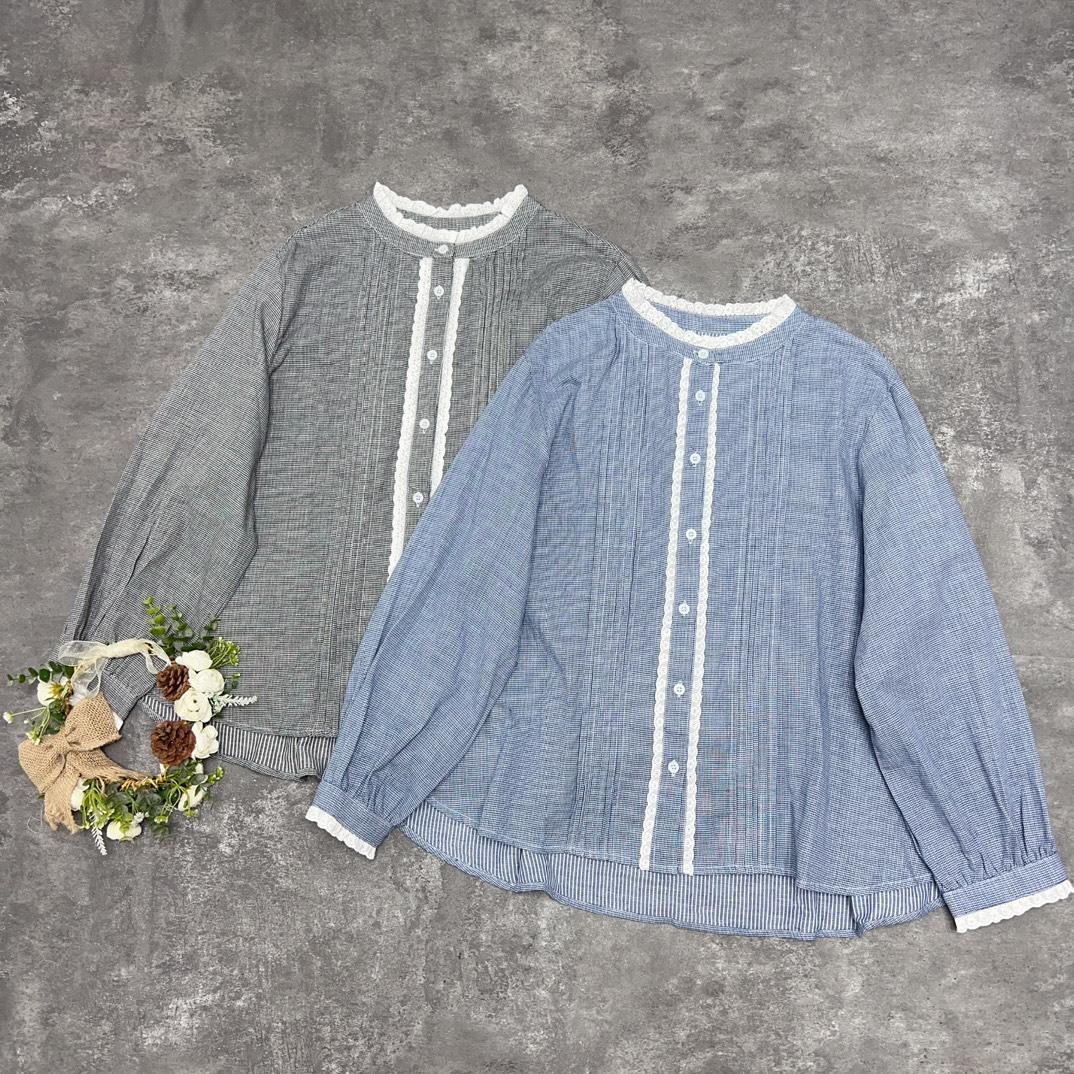 

Johnature Японский кружевной воротник, мелкая клетчатая рубашка из двойного тюля, осенние универсальные повседневные тонкие топы в иностранном стиле One Size чёрный