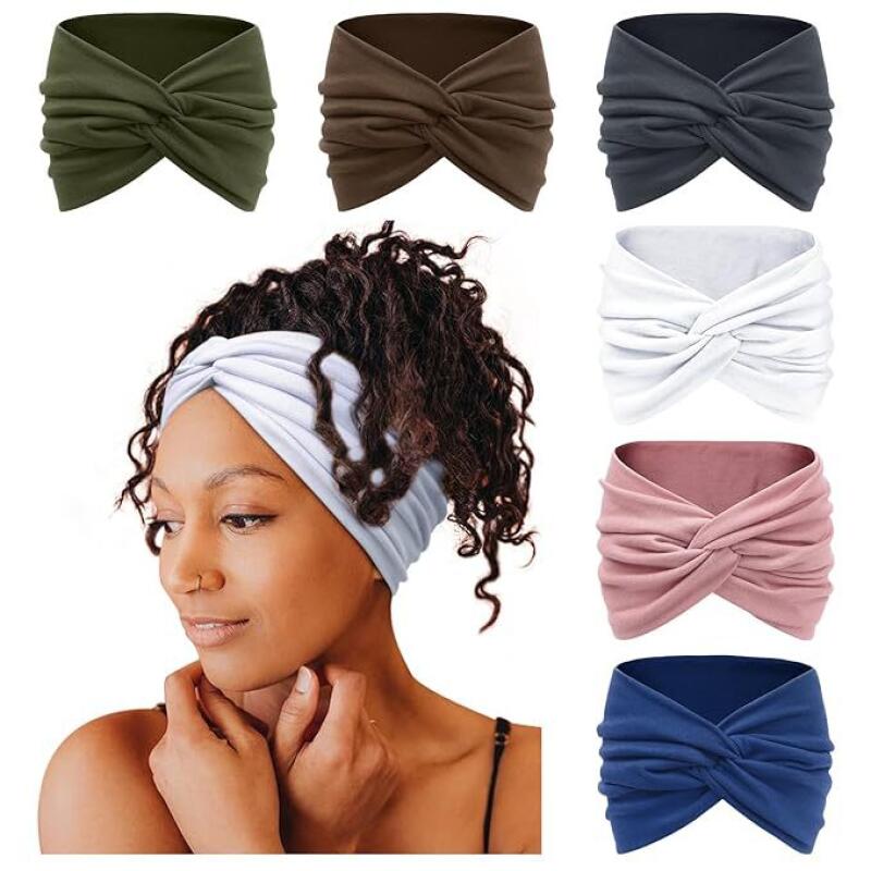 Bohemian Wide Headband Sweat-Absorbent Yoga Hair Wrap Cross-Tie Design 8cm Elastic Bandana - 6-Pack Set for Women Girls
