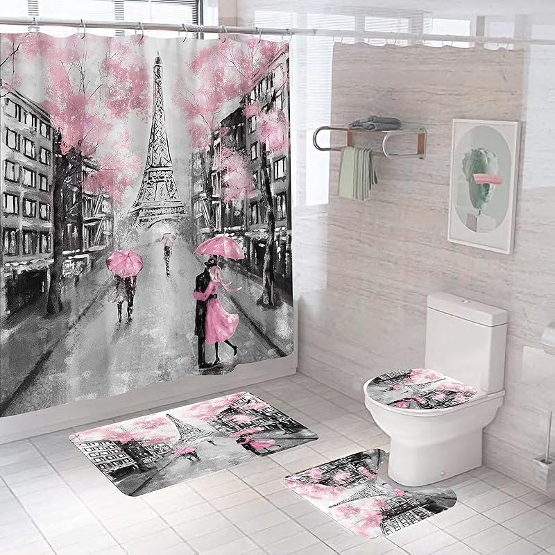 DDS-DUDES Valentines Shower Curtain Set with Paris Eiffel Tower Decor Bathroom Sets with Shower Curtain and Rugs Vintage Landscape Scenery Romantic