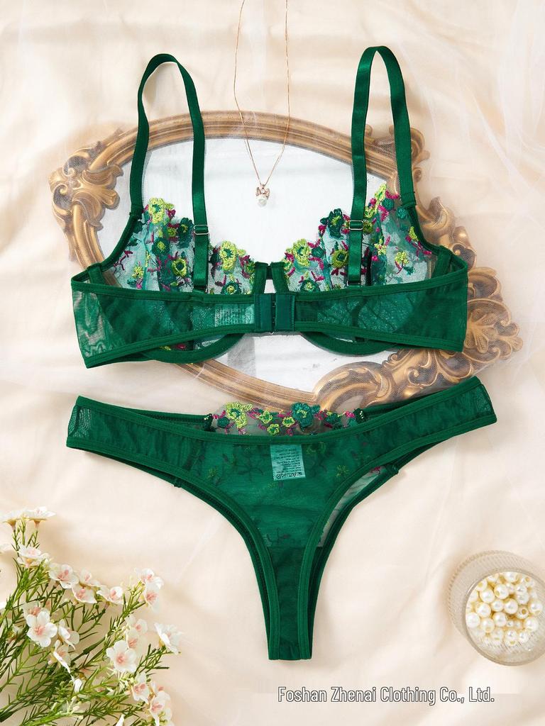 Květinová vyšívaná síťovaná push-up souprava spodního prádla pro ženy