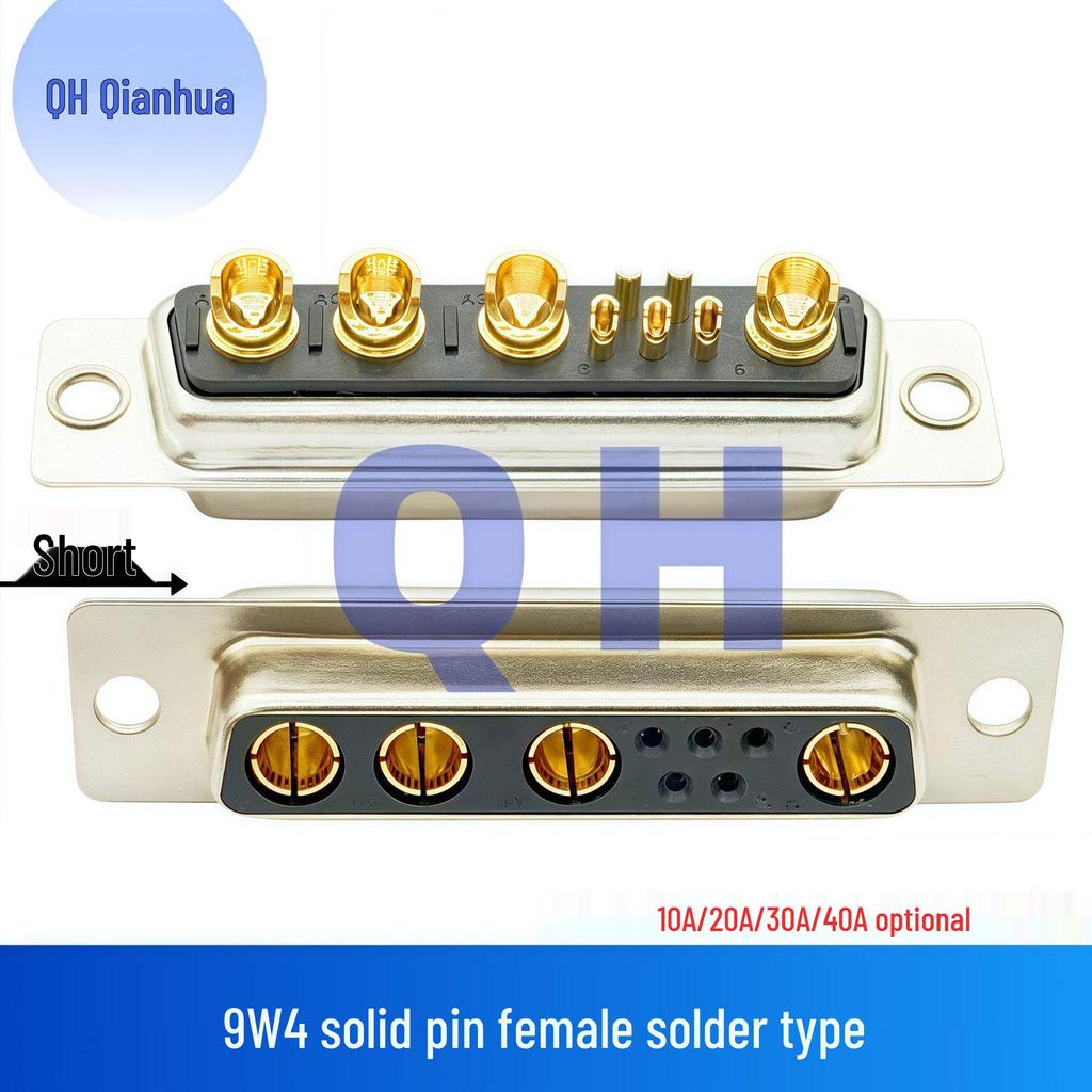 Gold-Plated 9W4 Male/Female Solid Pin High Current D-Sub Connector, Solder Type Plug