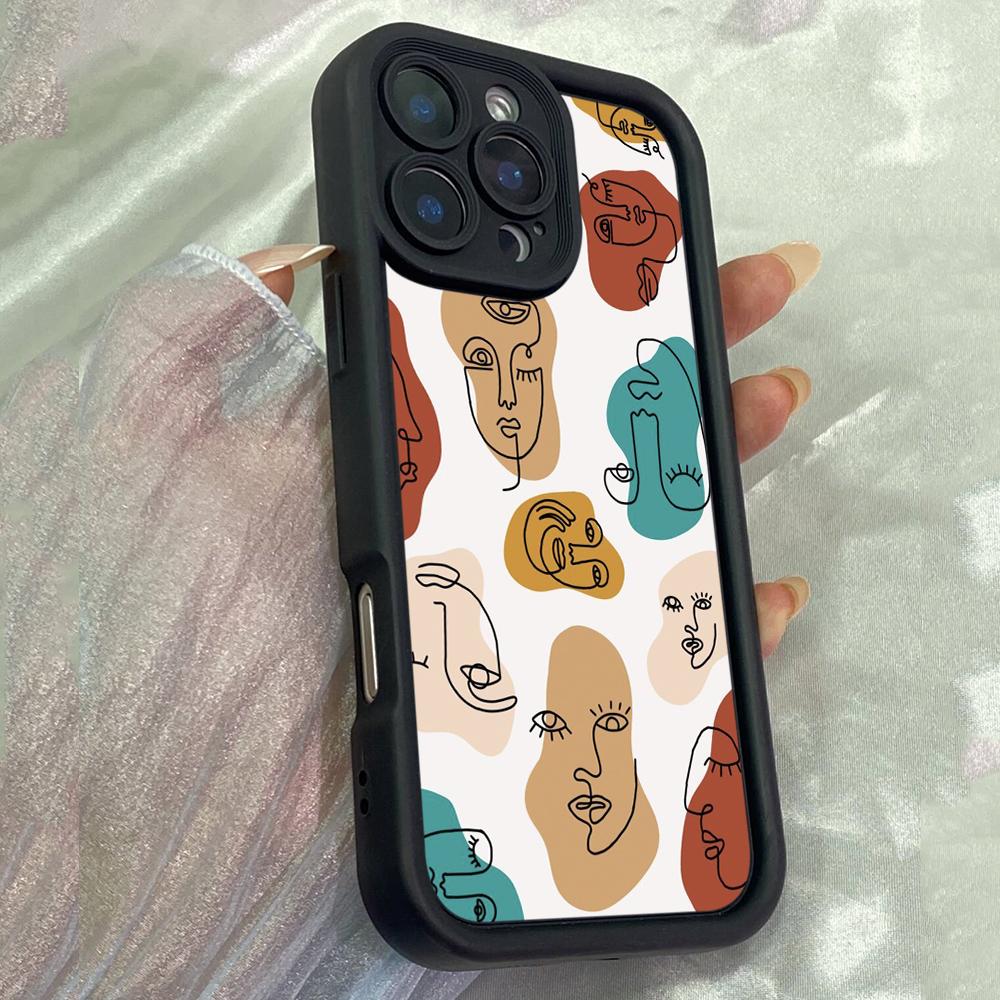 JT3 Abstract Faces One Line Drawing Phone for for iPhone 17 16 Pro Max Samsung S26 Ultra A17 A26 A07 Xiaomi Redmi Note 14 Pro Plus Soft TPU Case Cover