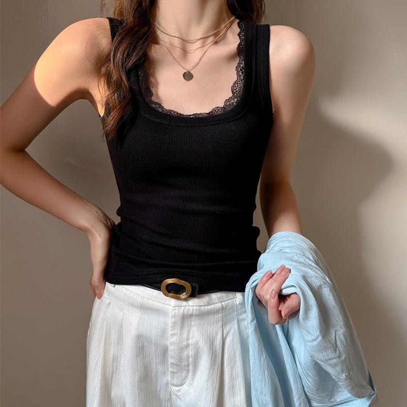Basic Simple and Versatile Lace Splicing Base Small Vest for Women, Sexy U-neck Suspender Inside, and Thin Top Outside