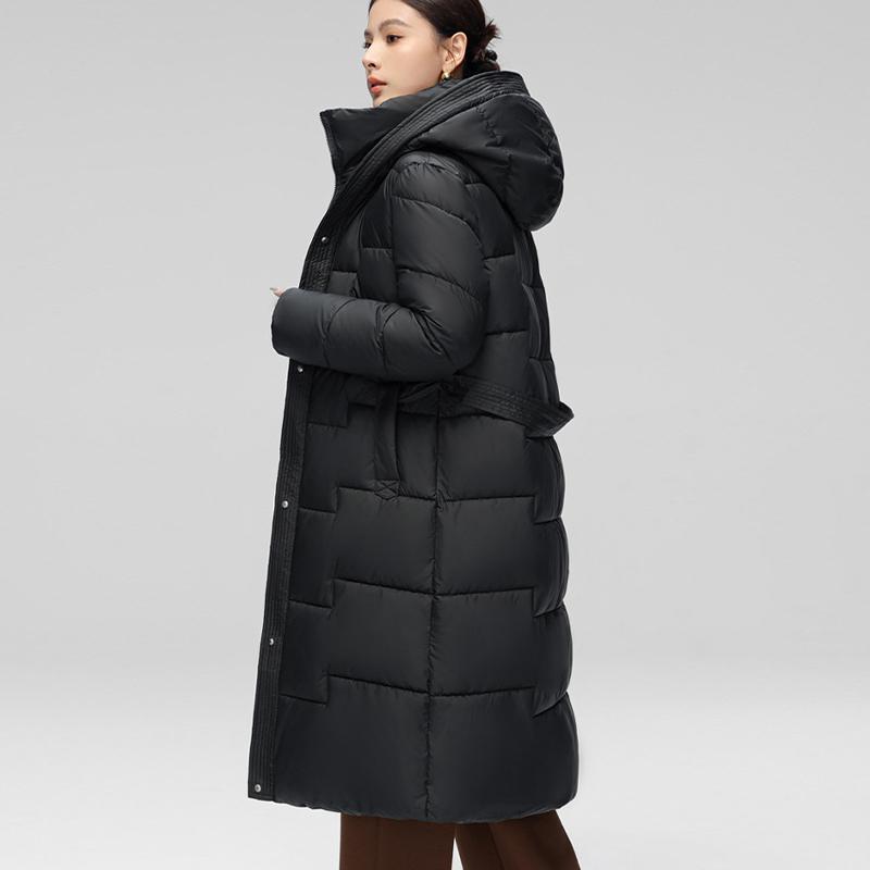 Vinter Dam Lång Dunbomullsjacka med Bälte Tjock Varm Lyxig Slim Huva Parka Kappa