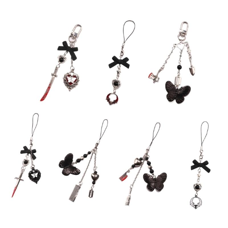 Trendy Phone Lanyard Gothic Style Butterfly Heart Keychain Pendant Durable Phone Strap Portable Phone Accessory for Keys