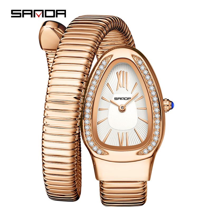 SANDA Women's Luxury Snake Head Bracelet Watch with Roman Mother-of-Pearl Dial, Diamond Accents, English Two-Hand, 30M Water Resistant.
