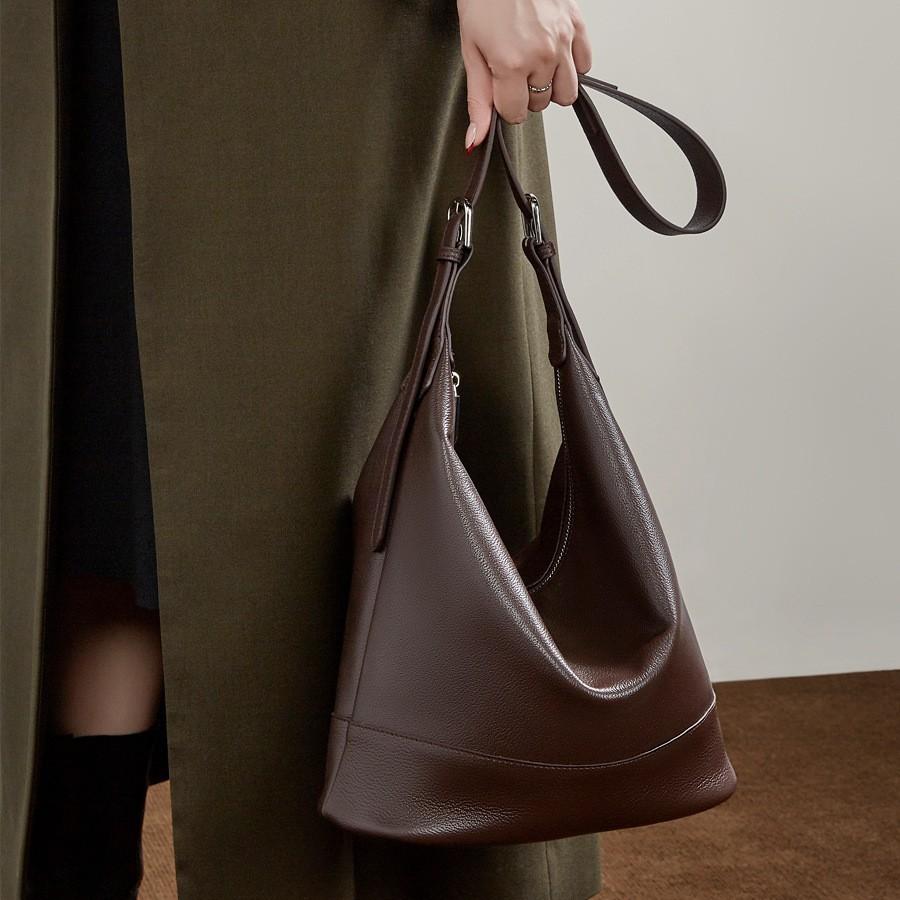 Genuine Leather Large-Capacity Work Commuter Bag Light Luxury High-End Feeling First Layer Cowhide Versatile Oblique Span Bucket Bag