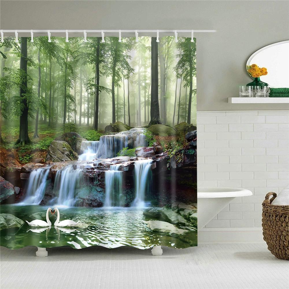 

Natural Landscape Wooden Bridge Waterfall Shower Curtain Set Spring Scenery Green Forest 3D Waterproof Hanging Curtains W60H190(CM)-1 Pcs