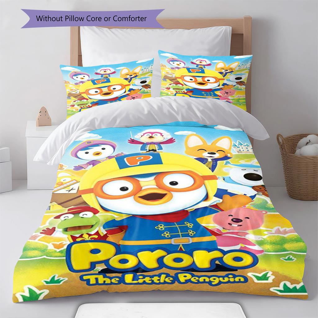 Pororo Cartoon Pattern Bedding Set Quilt Cover Pillowcase Home Decor Gift (1 * Duvet Cover + 2 * Pillowcase, Without Core)