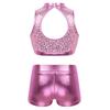 Kids Girls Two-Piece Dance Set Sequined Sleeveless Crop Top Metallic Bottoms Performance Outfit