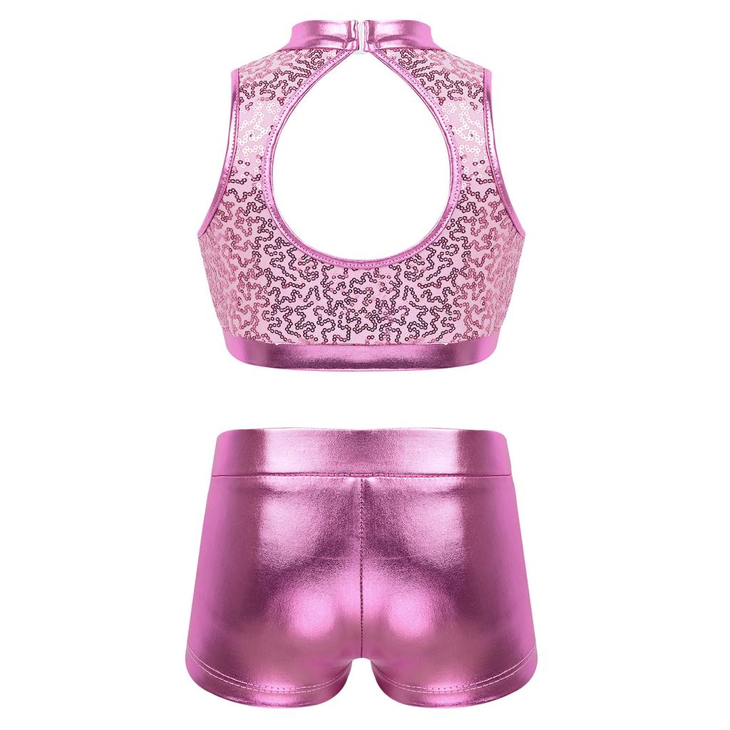 Kids Girls Two-Piece Dance Set Sequined Sleeveless Crop Top Metallic Bottoms Performance Outfit