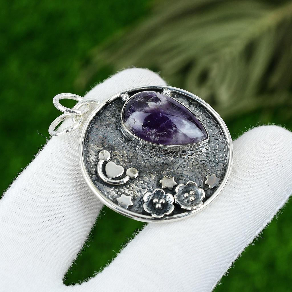 Birthday Gift For Her Natural Chevron Amethyst Gemstone Pendant 925 Silver