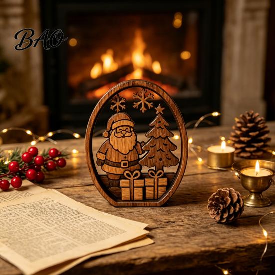Rustic Xmas Tabletop Decor 3Pcs Christmas Santa Claus And Tree Ornaments, Wooden Oval Table Boxwood Ornaments Centerpiece, Solid Wood Desktop Ornament