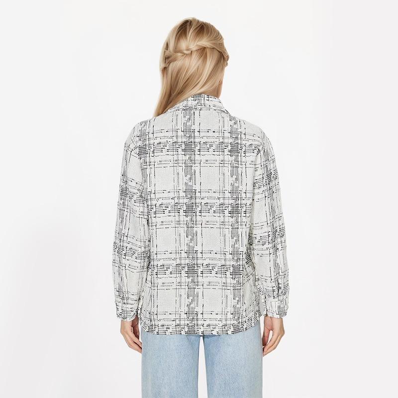 Women's Casual Plaid Printed Long Sleeve Tweed Jacket Coat