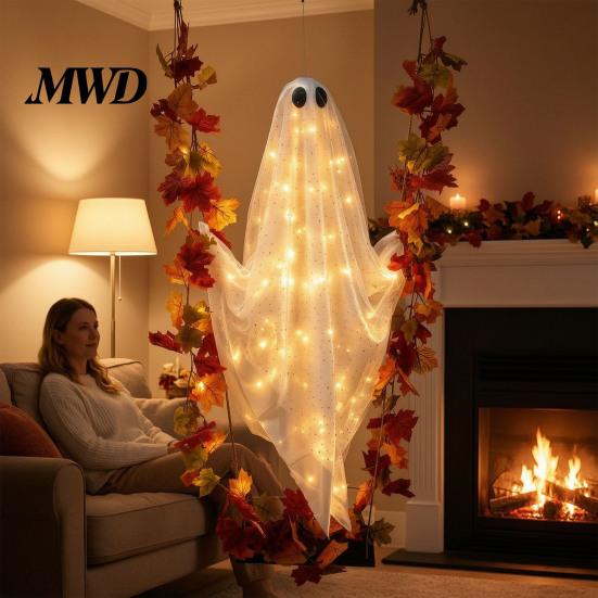 Halloween-Außendekoration Veranda Schwingende Geisterdekoration, Großes Hängendes mit Ahornblatt Beleuchtete Schaukel für Hof Rankenlichter Und Fernbedienung Baum,