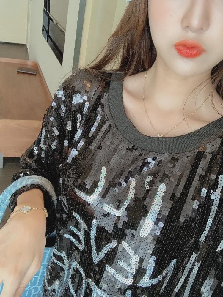European Fashion Plus Size Women's Sequin T-Shirt Dress - Early Spring Shiny Trend
