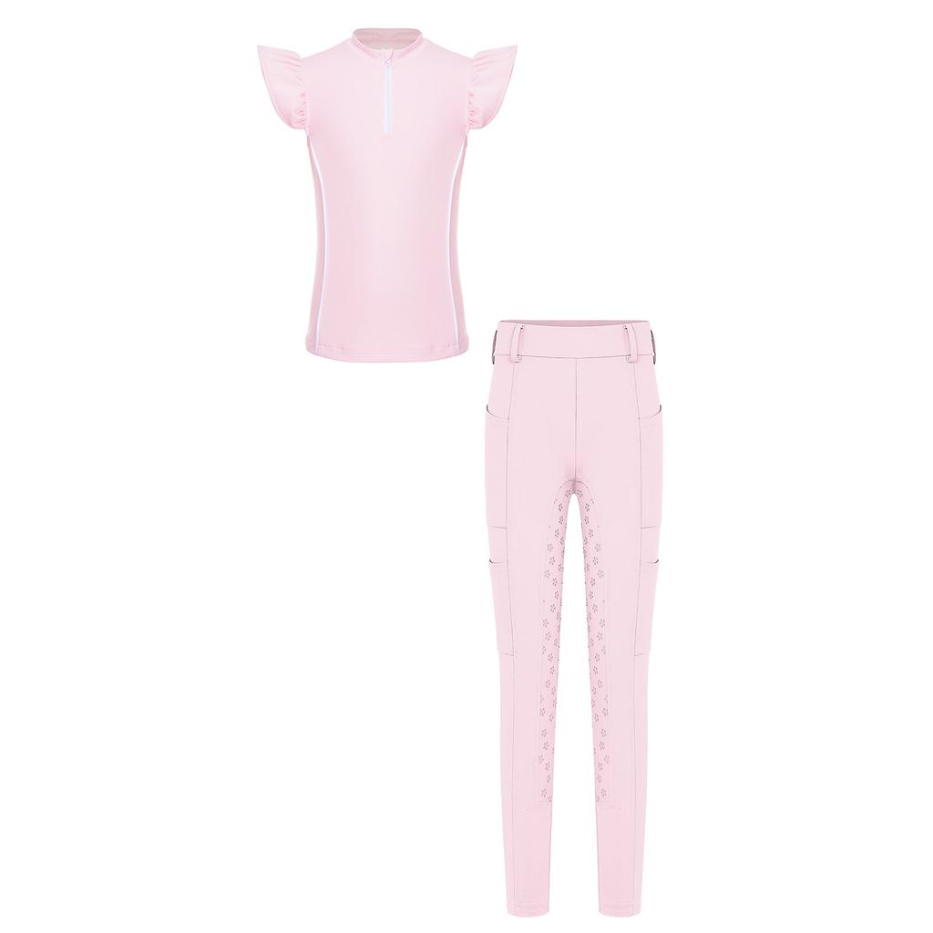 Mädchen Reitsport Reiten Reißverschluss Stehkragen Rüschenärmel Kontrastbesatz Oberteil Anti-Rutsch Vollbesatz Reithose Outfit