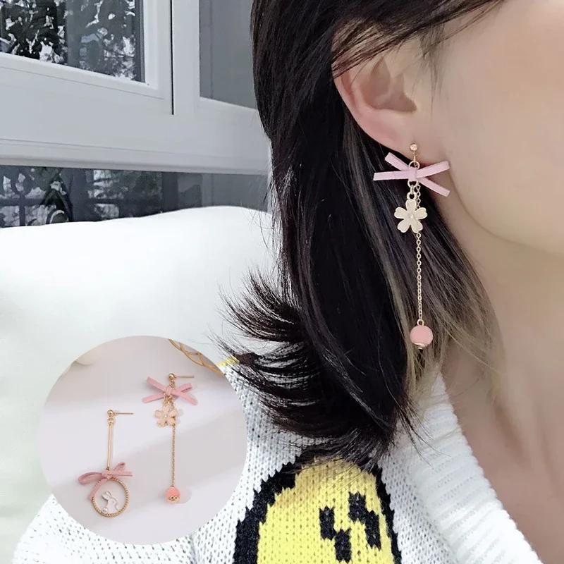 

Sweet Flower Bow Long Earrings for women Cute Rabbit Asymmetric Earrings