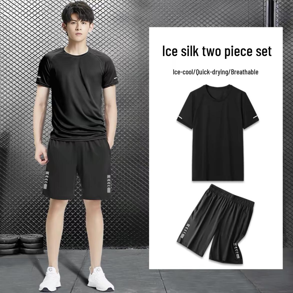

Мужской быстросохнущий спортивный комплект из ледяного шелка - Модная футболка с коротким рукавом и шорты 3XL