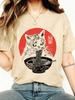 Spring And Summer Unisexs Shortsleeve Tshirt With A Round Neck Featuring A Cat Eating Noodles Print Graphic T Shirt Clothes