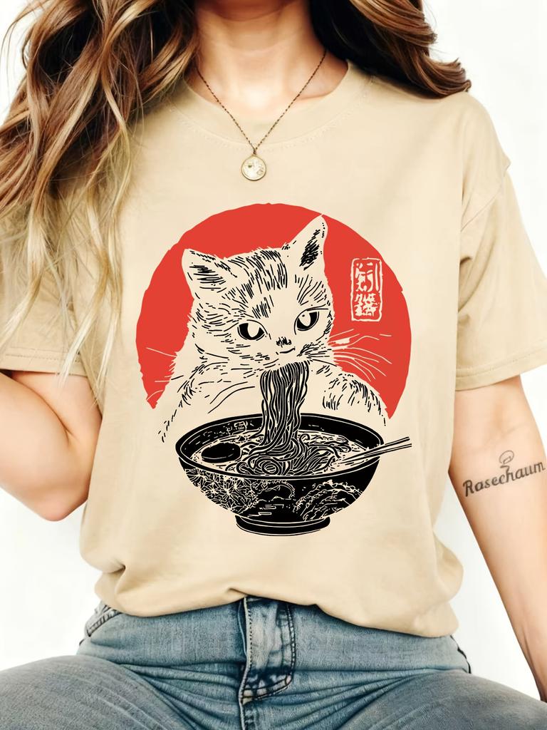 Spring And Summer Unisexs Shortsleeve Tshirt With A Round Neck Featuring A Cat Eating Noodles Print Graphic T Shirt Clothes