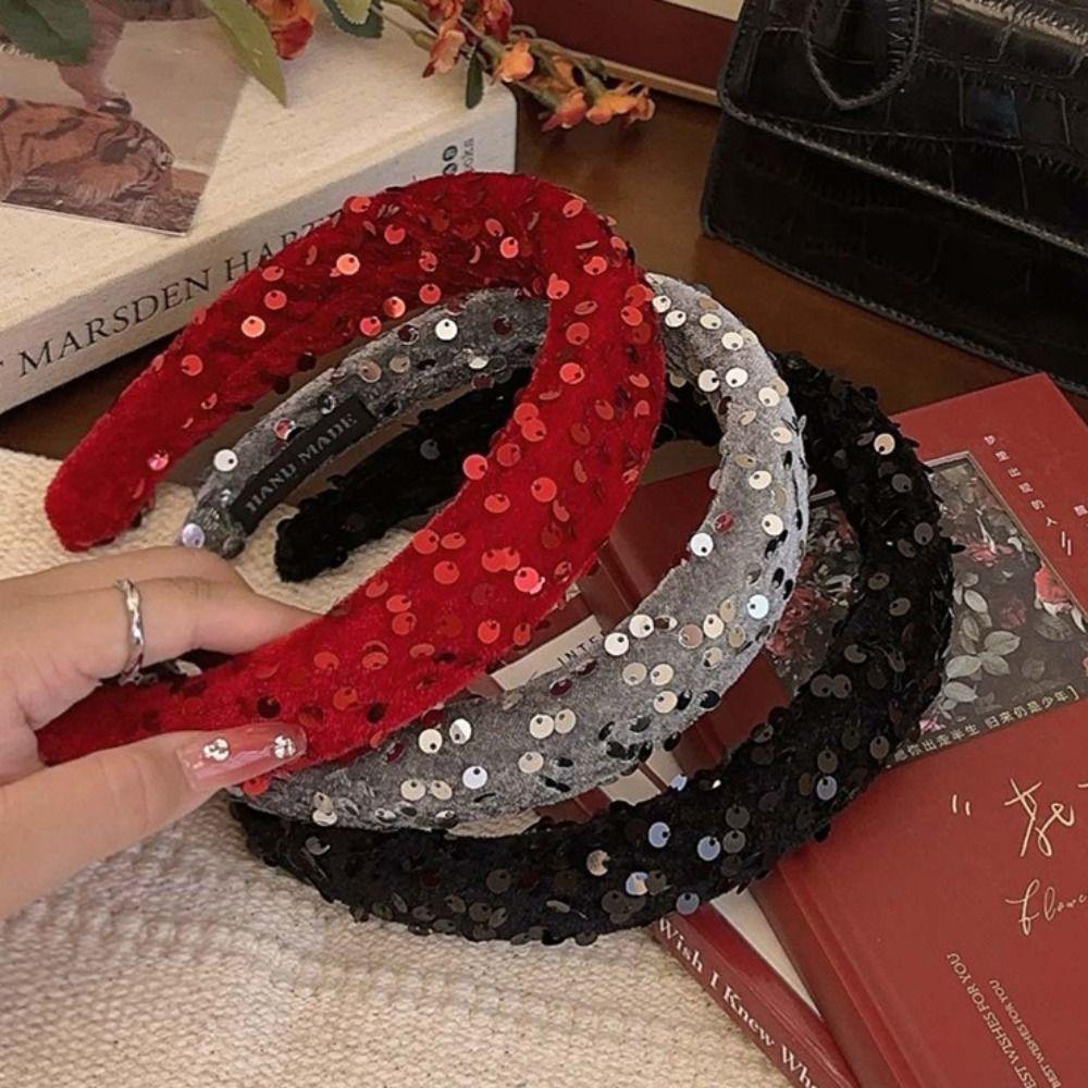 Velvet Sequins Headband Solid Color Sponge Hair Band Exquisite Wide Hairband  Ladies