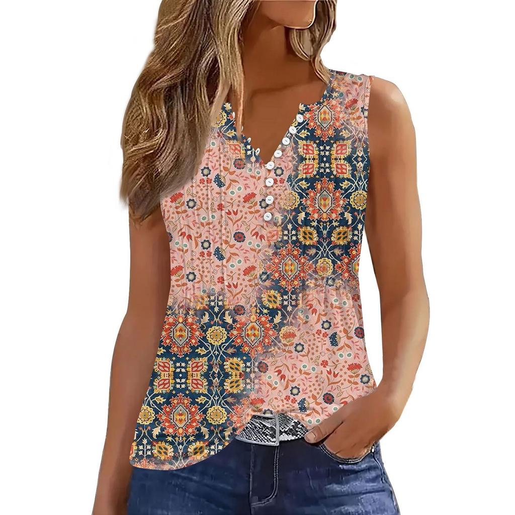 Women's Flowers And Plants Casual Loose Pleated Shirt V Collar Button-down T-shirt Shirt Sleeveless Vest Top