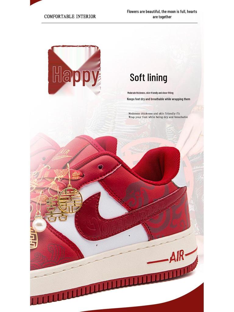 AJ1 Wedding Shoes: Bridal and Groom Flat-Soled Sneakers - Red, Dual-Function for Wedding Dress or Casual Wear.