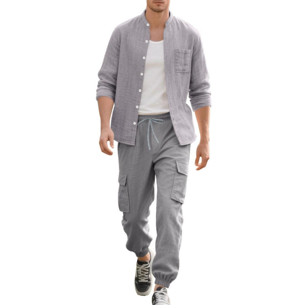 Spring and Summer Men's Linen Button Long Sleeved Shirt and Pants Set, Fashionable, Casual,  Breathable, Quick Drying 2-Pic Set