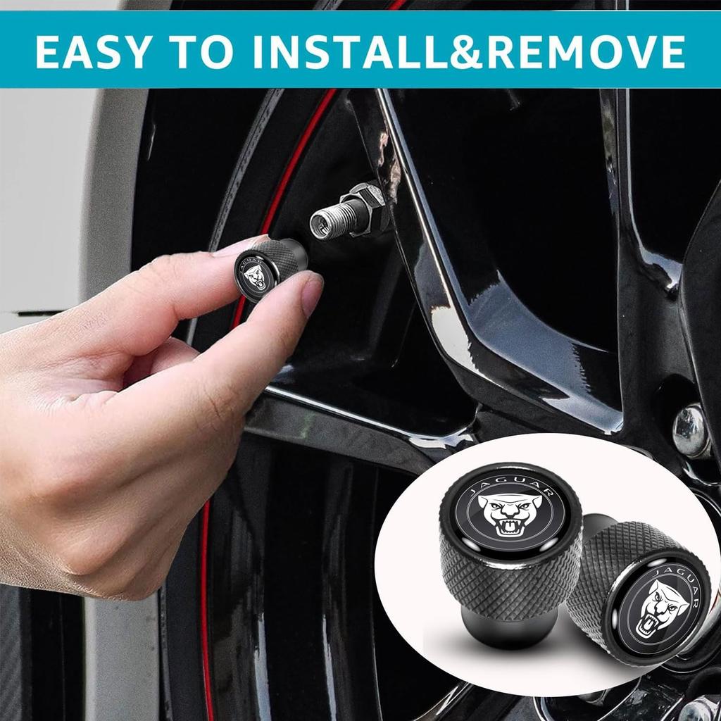 4 Pcs Tire Valve Stem Caps Compatible with Jaguar XE XEL XF XFL XJ F-PACE F-Type Wheel Valve Accessories Aluminum Black Tire Air Caps Cover