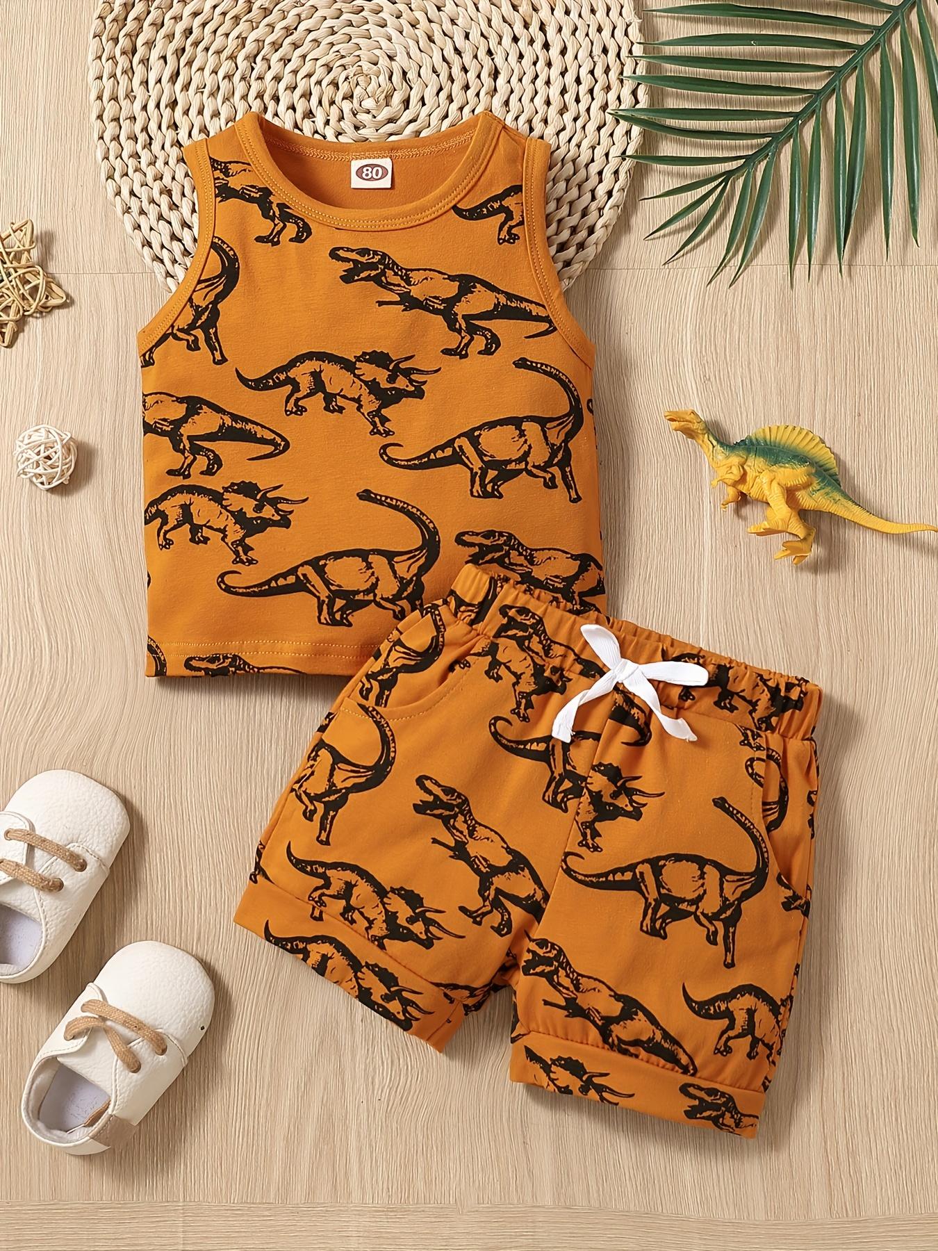 

Boys 2 Pcs Set Dinosaur Print Sleeveless Vest and Shorts Summer Outfit for Kids Cartoon Toddler Clothes 110 помаранчевий
