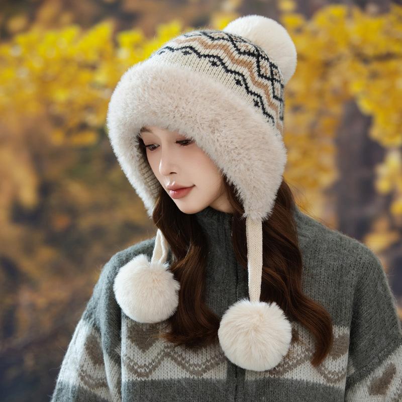 Fair Island Style Winter Plaid Bright Silk Plus Velvet Hat Versatile Sweet Ball Hat Outdoor Travel Cold Warm Hat Korean