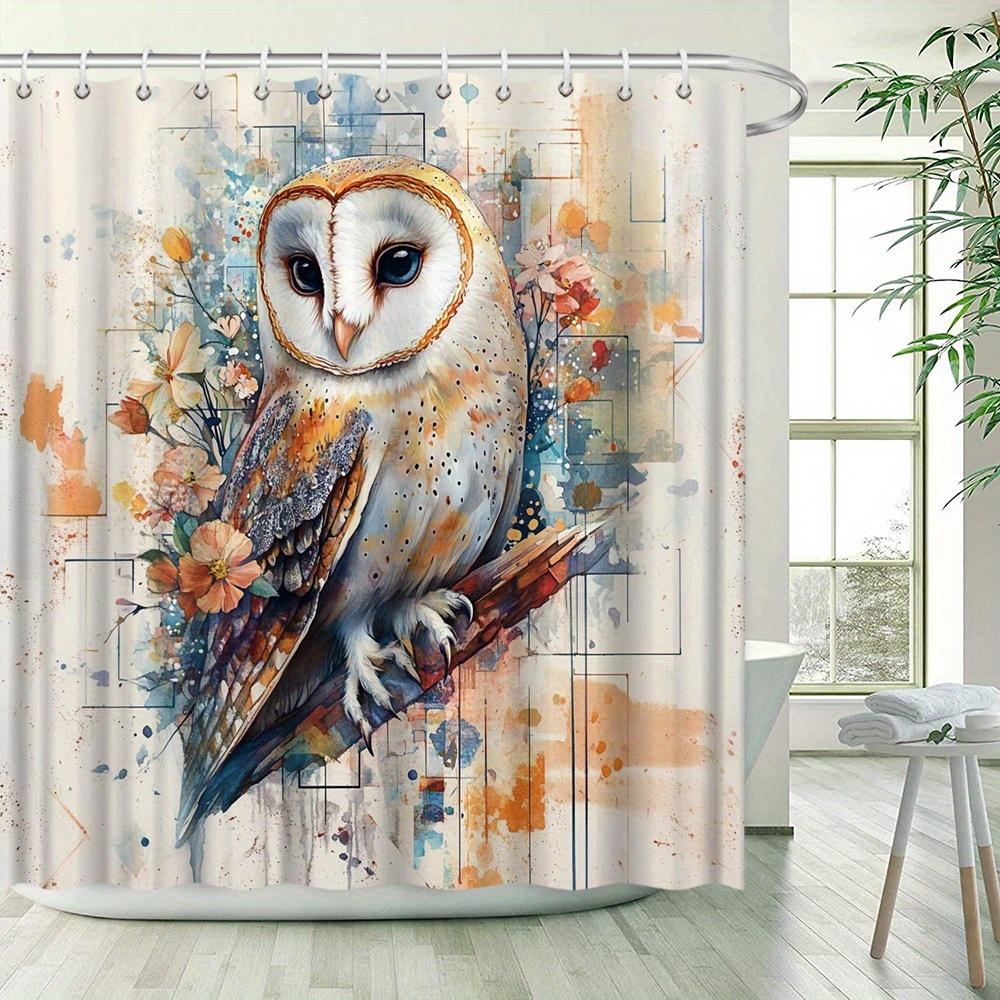 Rideau de douche Chouette effraie - Aquarelle numérique, Yeux expressifs, Fleurs délicates, Fond géométrique, Fantaisiste & Majestueux