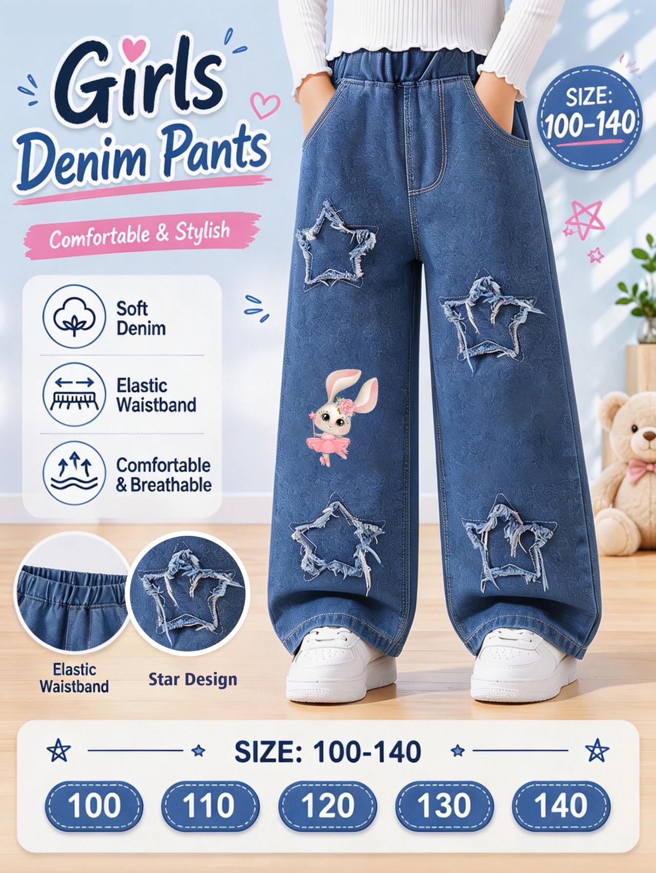 Denim Girls Cartoon Print Pants - Elastic Waist Wide Leg Jeans with Star Design 100cm синий