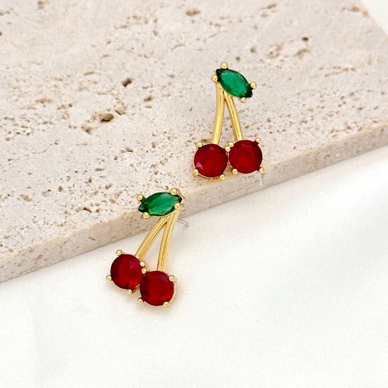New Sweet Red Zircon Cherry Leaf Stud Earrings Women Piercing Jewelry For Girls Fashion Crystal Dangle Party Birthday Wedding Gift