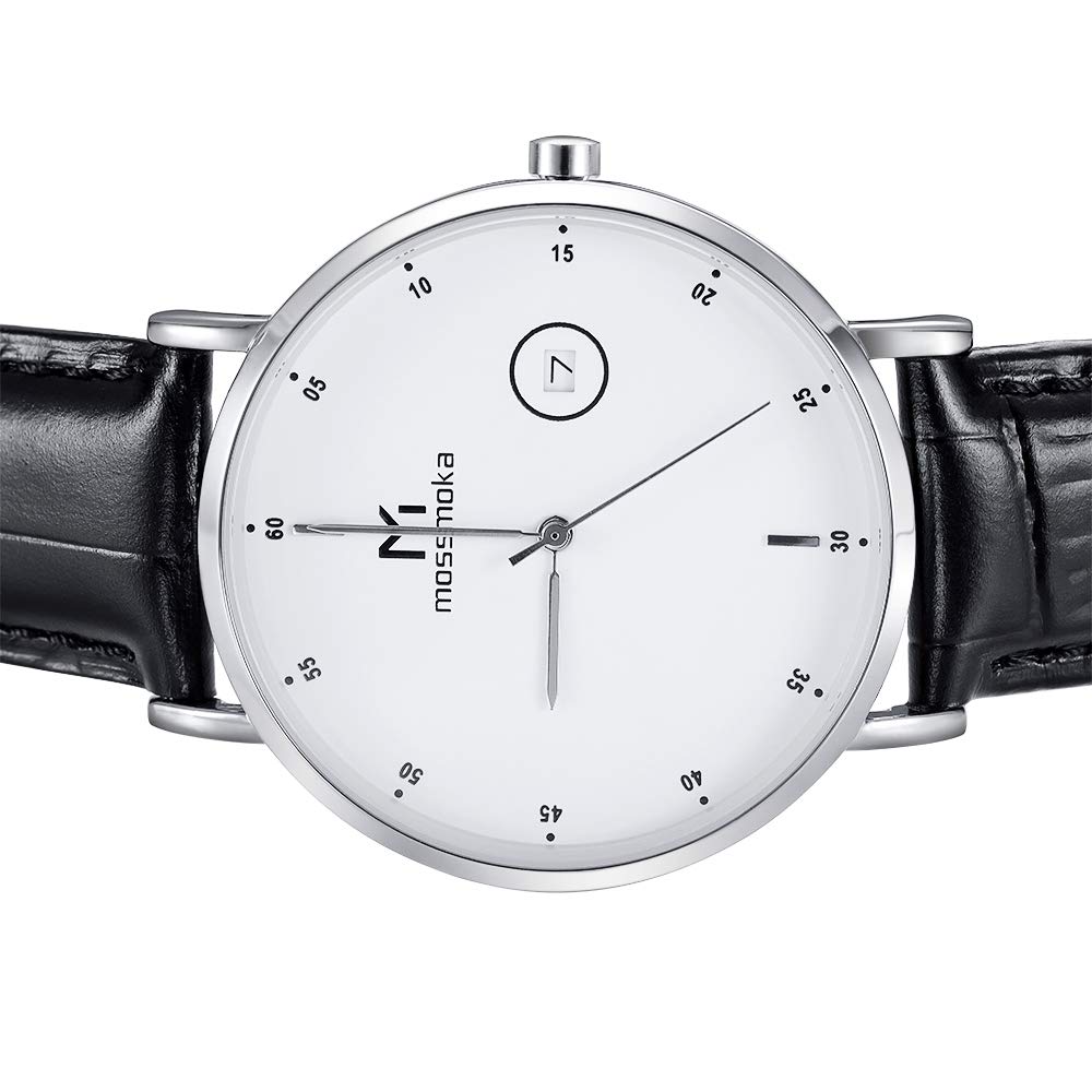 MSMK Men's Watch, 2020 Model, Leather Analog, Date Display, Business Style, Affordable, Popular, 40mm White Dial, Water Resistant, 20mm Genuine