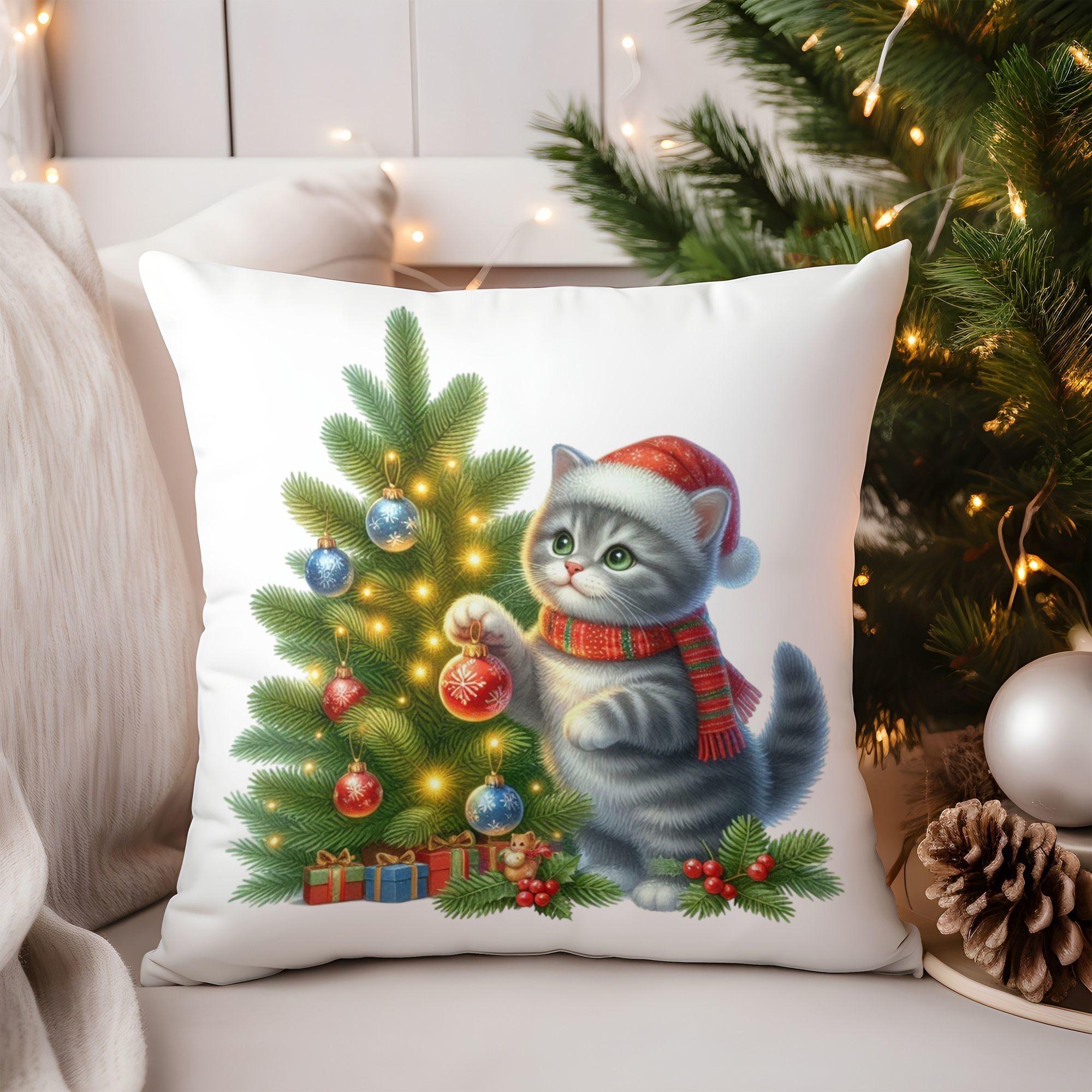 

Cute Cat and Christmas Tree Pattern Decorative Throw Pillow Cover D Printed Polyester Sofa Cushion Case for Holiday Home Decor 40cmx40cm