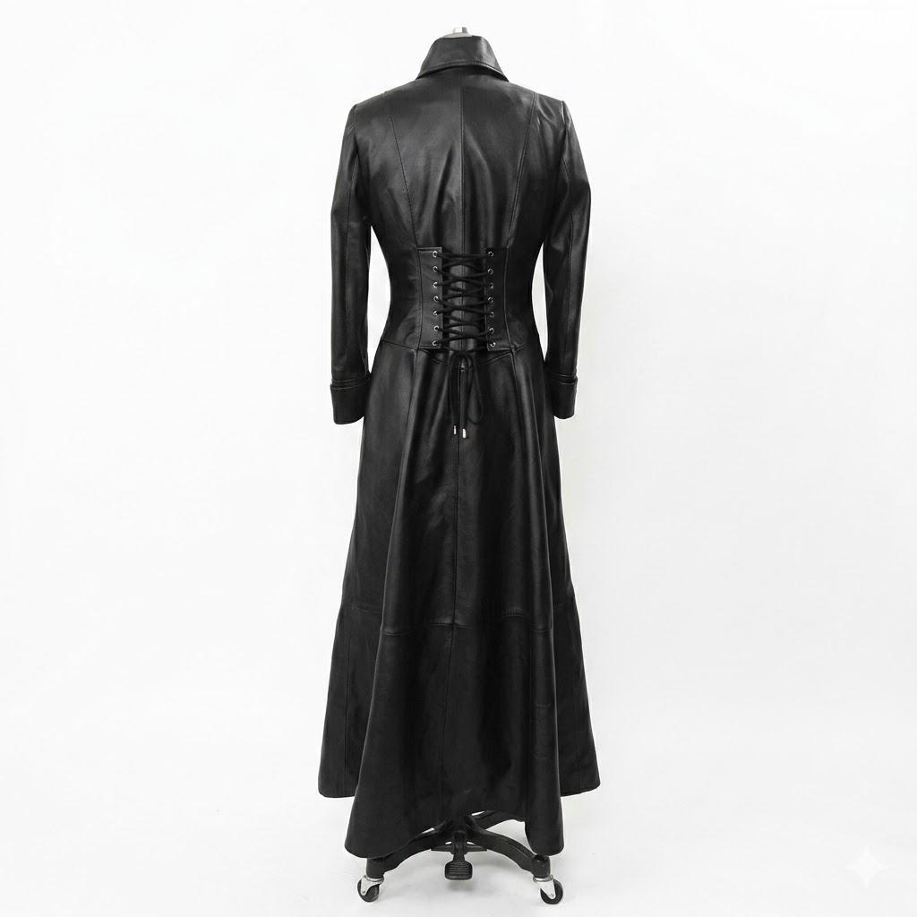 Cappotto Vestito Lungo Elegante da Donna in Vera Pelle d'Agnello Nero Stiloso Adatto per Feste