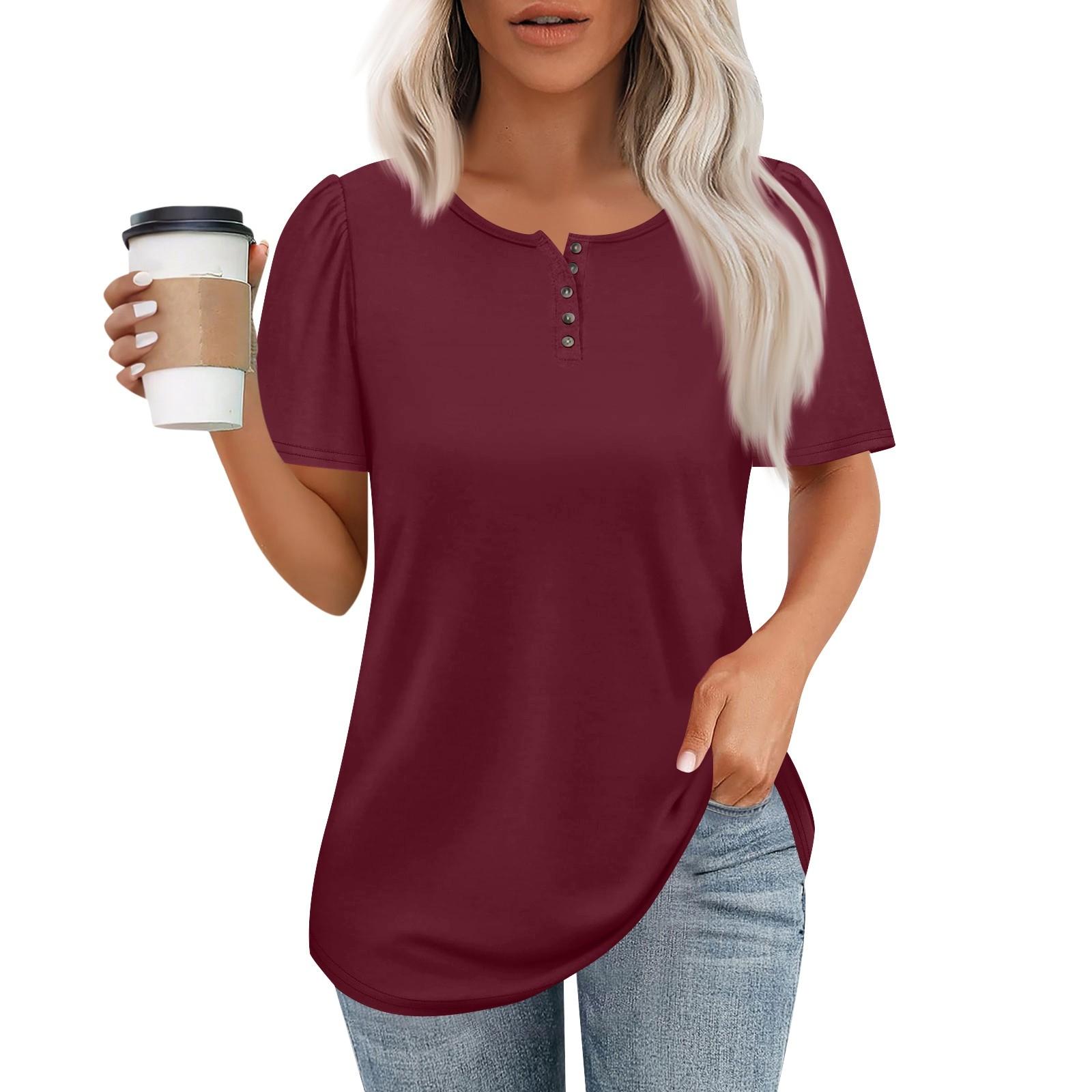 

Женский модный повседневный короткий рукав пуловер с принтом на пуговицах и круглым вырезом S винный