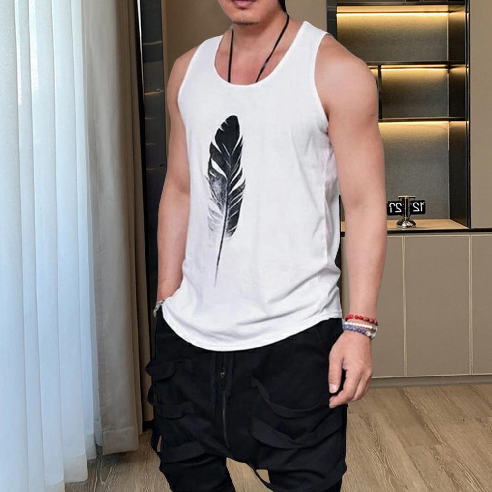 Men Summer Vest Round Neck Sleeveless Top Feather Print Racerback Vest Quick-Drying Wide Shoulder Straps Tank Tops