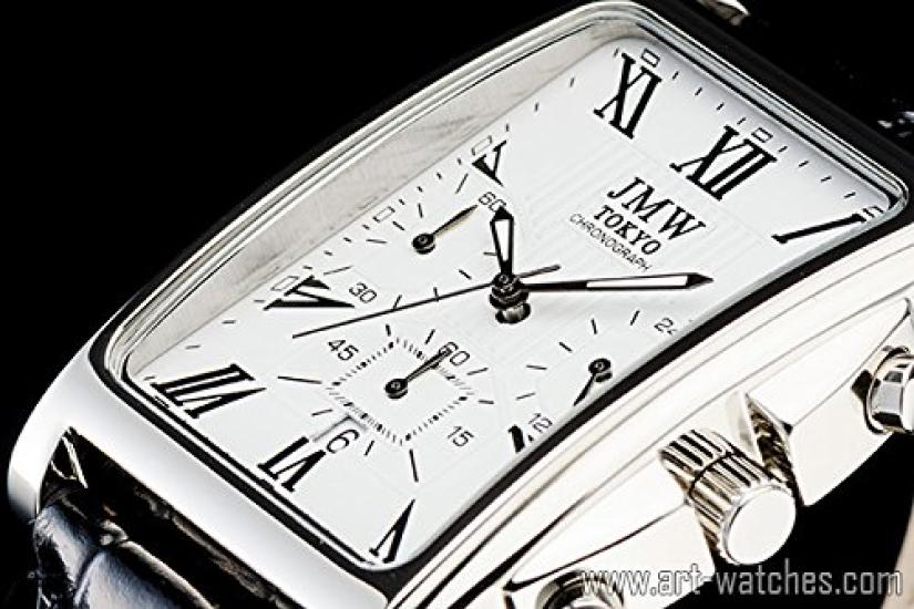 JMW TOKYO Men's Square Watch In White & Black, Square Rectangular Chronograph, Limited Edition Seiko Quartz Movement with Genuine Leather Strap,