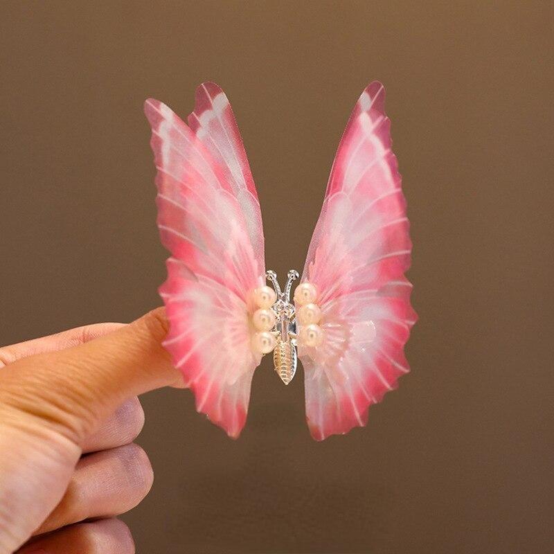 2pcs Korean Moving Butterfly Hair Clips for Girls Double Layered Wings Pearl Butterfly Hairpin Headwear Girls Kids Hair Accessories