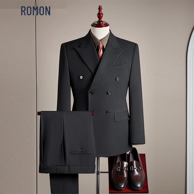 ROMON Men s Italian Craft Double-breasted Stripe 3-Piece Suit 3XL