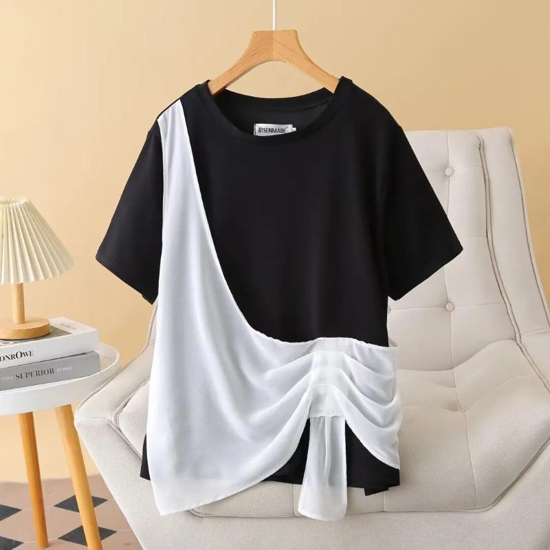 Летний модный женский свободный шифоновый топ с пэчворком, короткий рукав 3XL белый