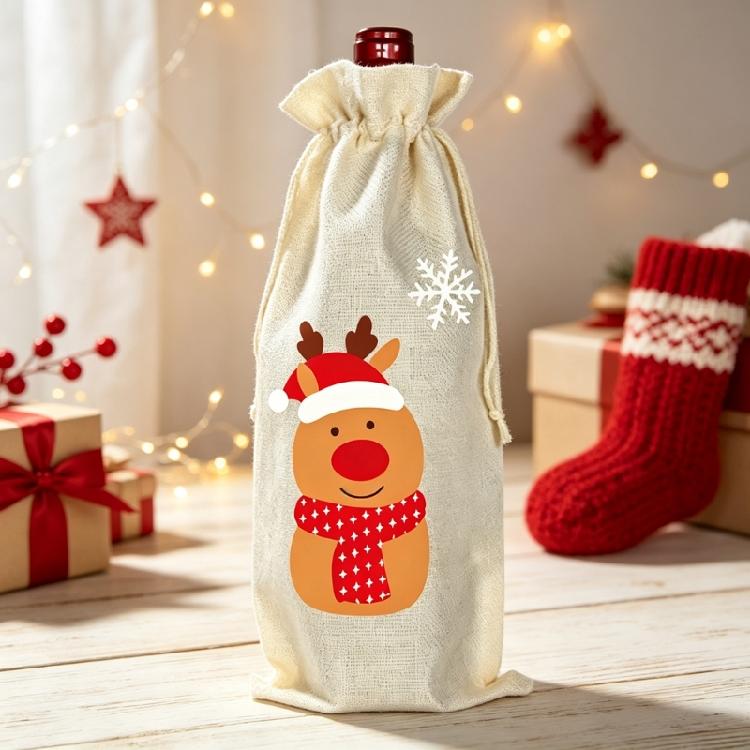 Fabric Wine Bottle Gift Bag for Christmas Presentation, Designed for a Standard Bottle with a Gathered Cord Closure