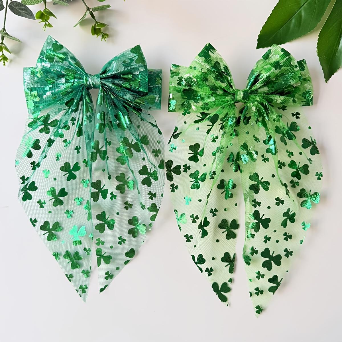 2pcs Elegant Sweet Shamrock Print Mesh Bow Spring Clip Hair Clips | Fabric Bow Tie Design, Ideal for Photography, St. Patrick S Day 2pcs
