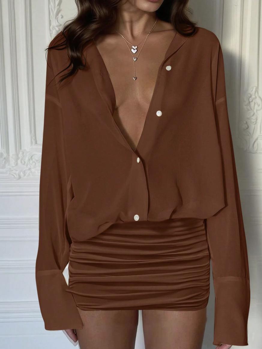 2026 European Spring/Summer Women s Elegant Lapel Slim Chiffon Shirt Dress L